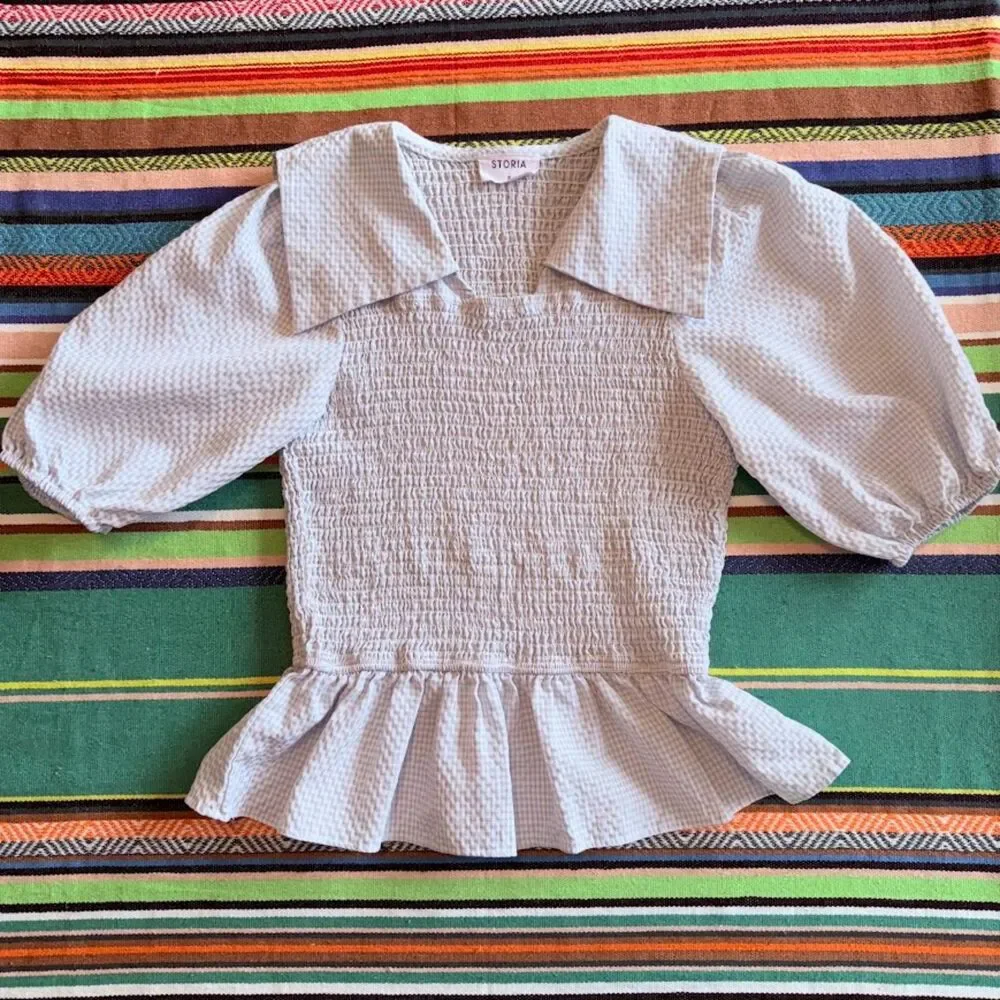 Storia Smocked Blue Gingham Peplum Top with Puff Sleeves & Square Collar size S - Picture 9 of 11